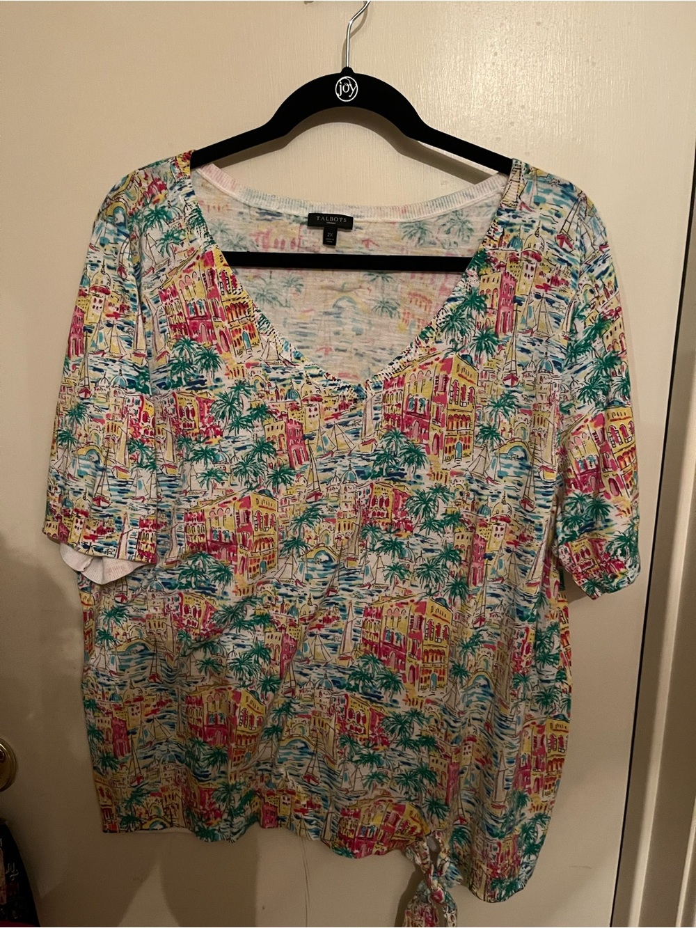 Talbots Short-Sleeve V-Neck Tropical Print Top in White, Yellow, Pink, Green